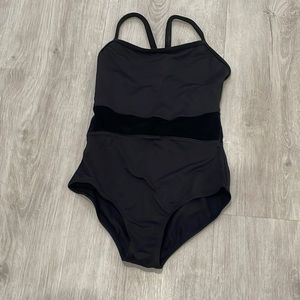 Mirella size child 8/10 black leotard with cross back and velvet center.